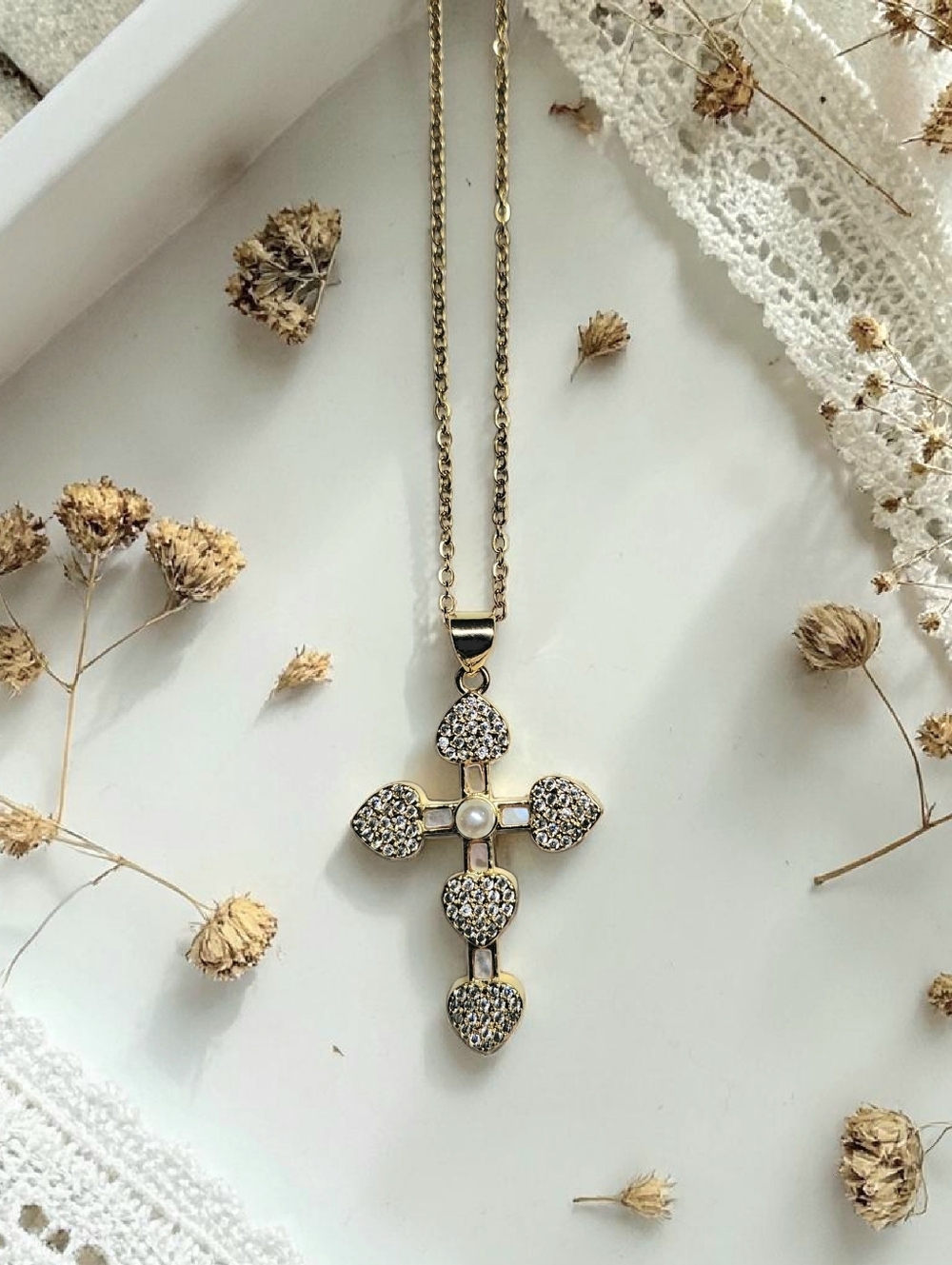 Gold-Tone Heart Cross Necklace with Crystal Accents